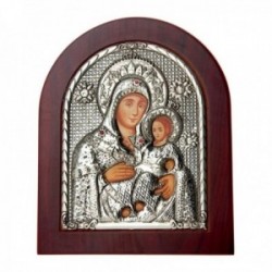 Imagen icono 19cm. Virgen María Niño Jesús madera metal plateado piedras rojas