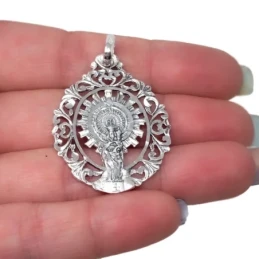 Virgen del Pilar Medalla Plata Ley 925m maciza 43 mm. cerco tallado g