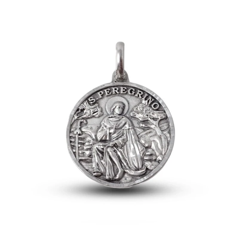 San Peregrino Medalla Plata Ley 925m maciza 24 mm. bisel tallado grab