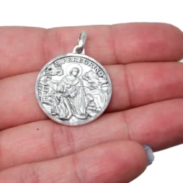 San Peregrino Medalla Plata Ley 925m maciza 24 mm. bisel tallado grab