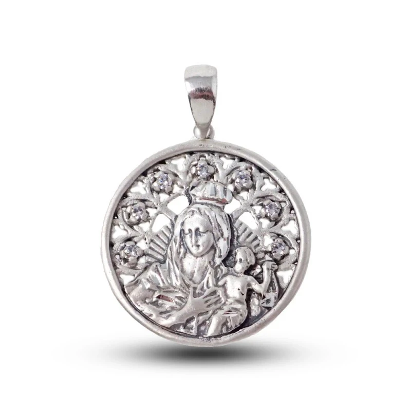 Virgen del Carmen Medalla Plata Ley 925m maciza 27 mm. circonitas cal