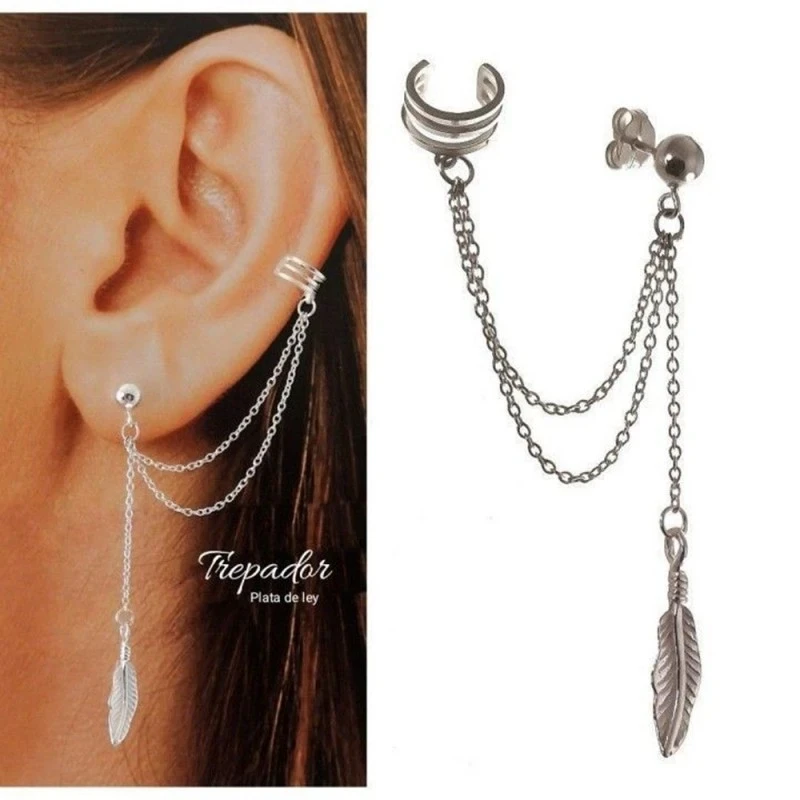 Pendiente Trepador Plata Ley 925m mujer cadena 3.5 cm. doble 4 cm. de