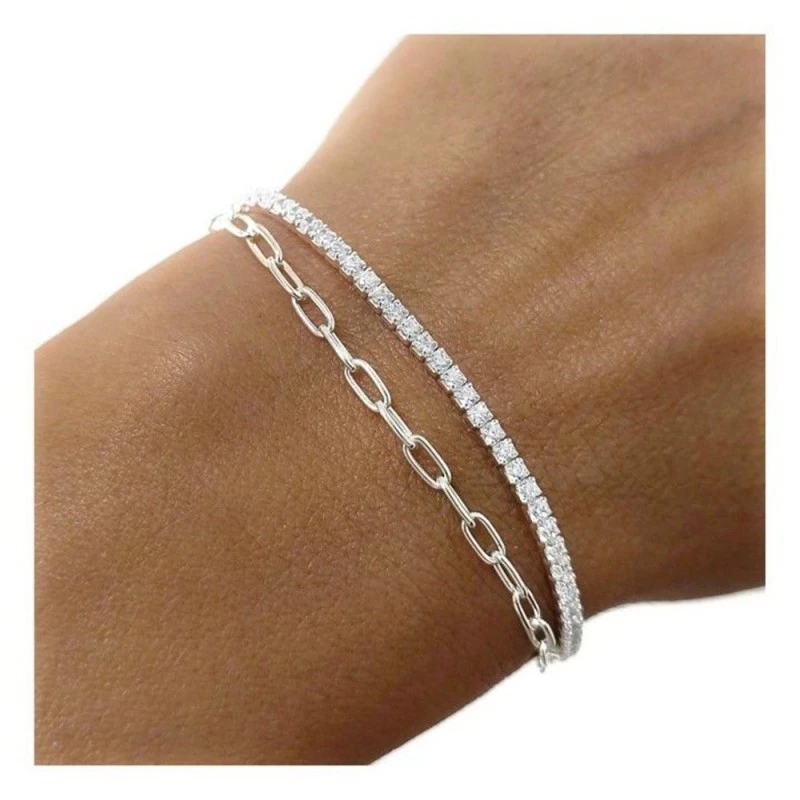 Pulsera Plata Ley 925m mujer 19 cm. doble cadena forzada combinada ci