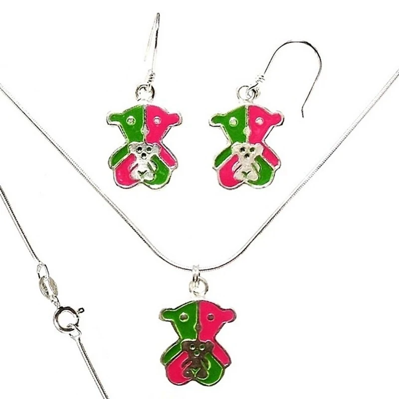 Pendientes Collar Conjunto Plata Ley cadena 45 cm. colgante oso osito