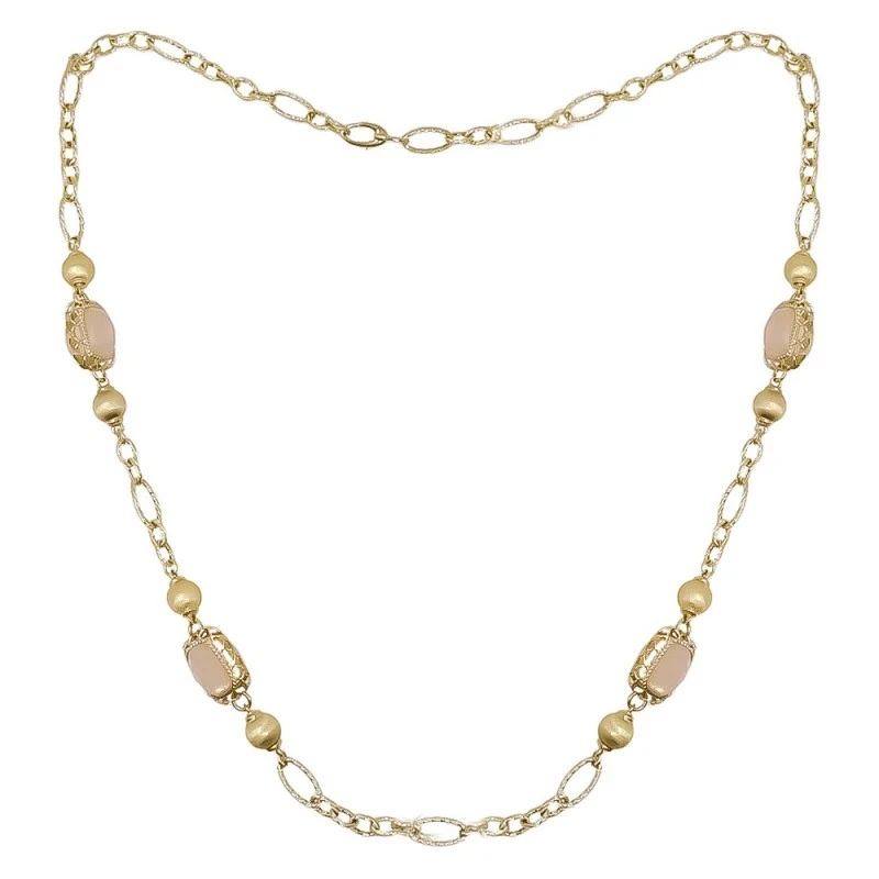 Gargantilla Oro 18K mujer 60 cm. piedras cuarzo rosa eslabones ovalad
