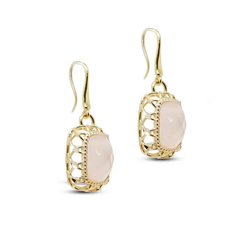 Pendientes Oro 18k mujer 17 mm. cuarzo rosa rectangular detalles cala