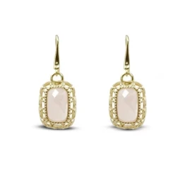 Pendientes Oro 18k mujer 17 mm. cuarzo rosa rectangular detalles cala
