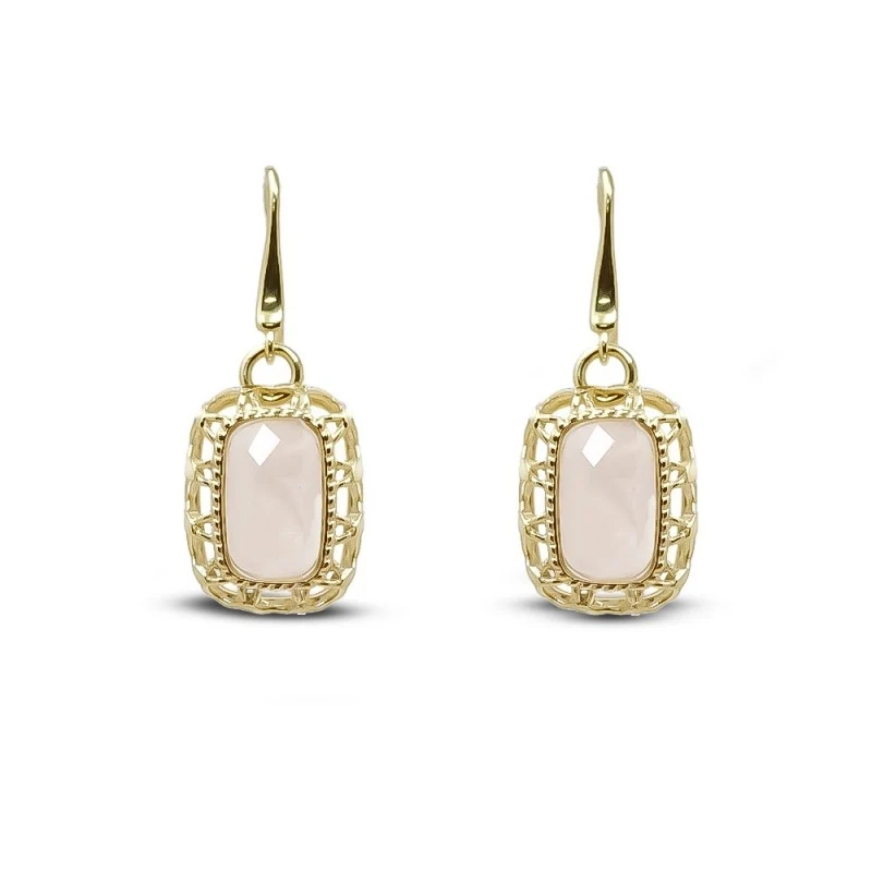 Pendientes Oro 18k mujer 17 mm. cuarzo rosa rectangular detalles cala