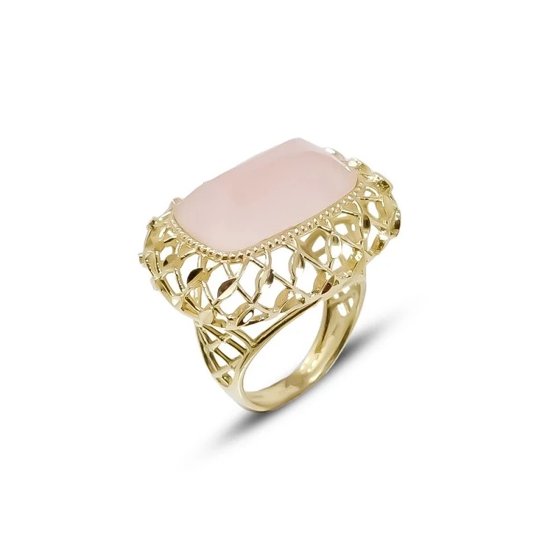 Sortija Oro 18k mujer cuarzo rosa cabeza rectangular 29 mm.