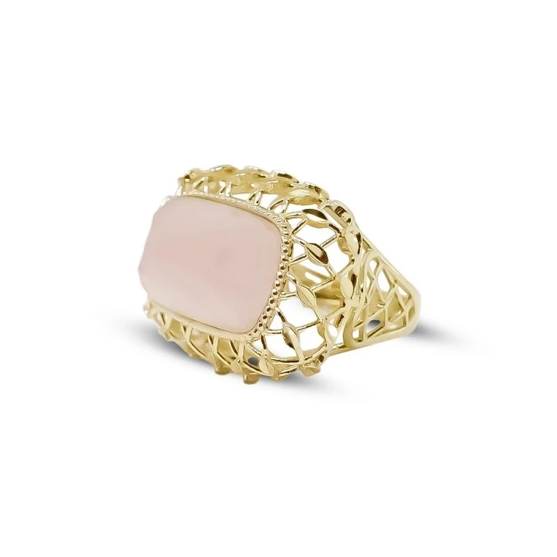 Sortija Oro 18k mujer cuarzo rosa cabeza rectangular 29 mm.