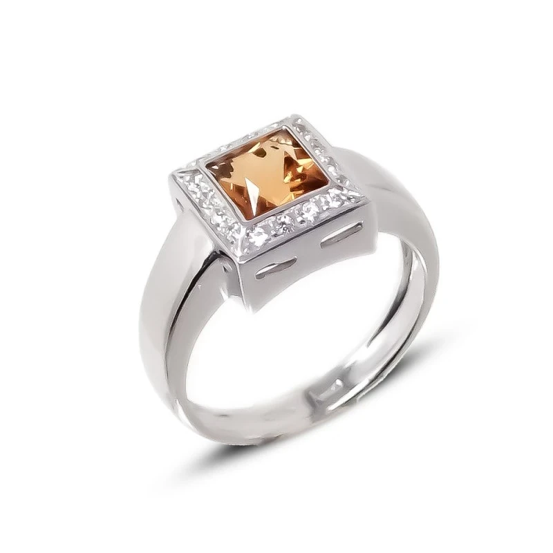 Sortija Oro Blanco 18k mujer cabeza cuadrada 9 mm. piedra citrina cen