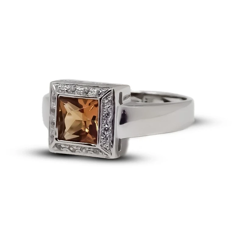 Sortija Oro Blanco 18k mujer cabeza cuadrada 9 mm. piedra citrina cen