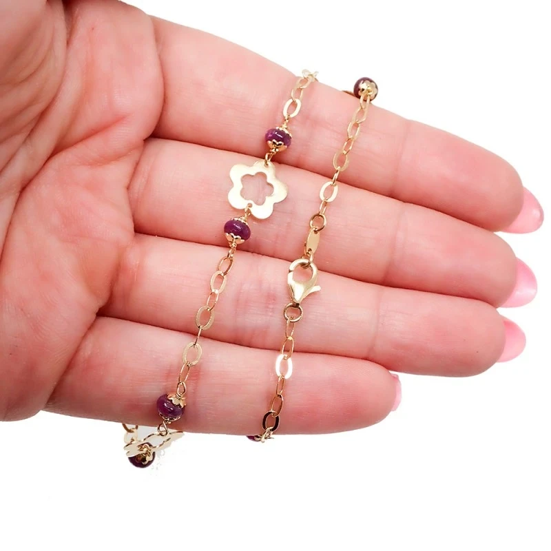 Gargantilla Oro 18k mujer 44 cm. flores calads 10 mm. piedras amatist