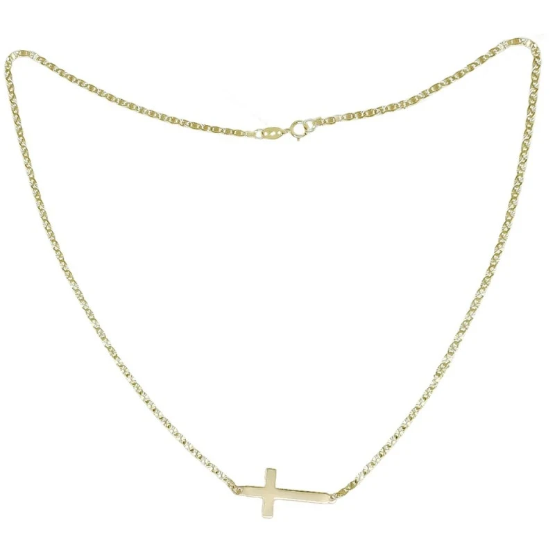 Gargantilla Oro 18k mujer 43 cm. cadena diamantada cruz lisa tumbada