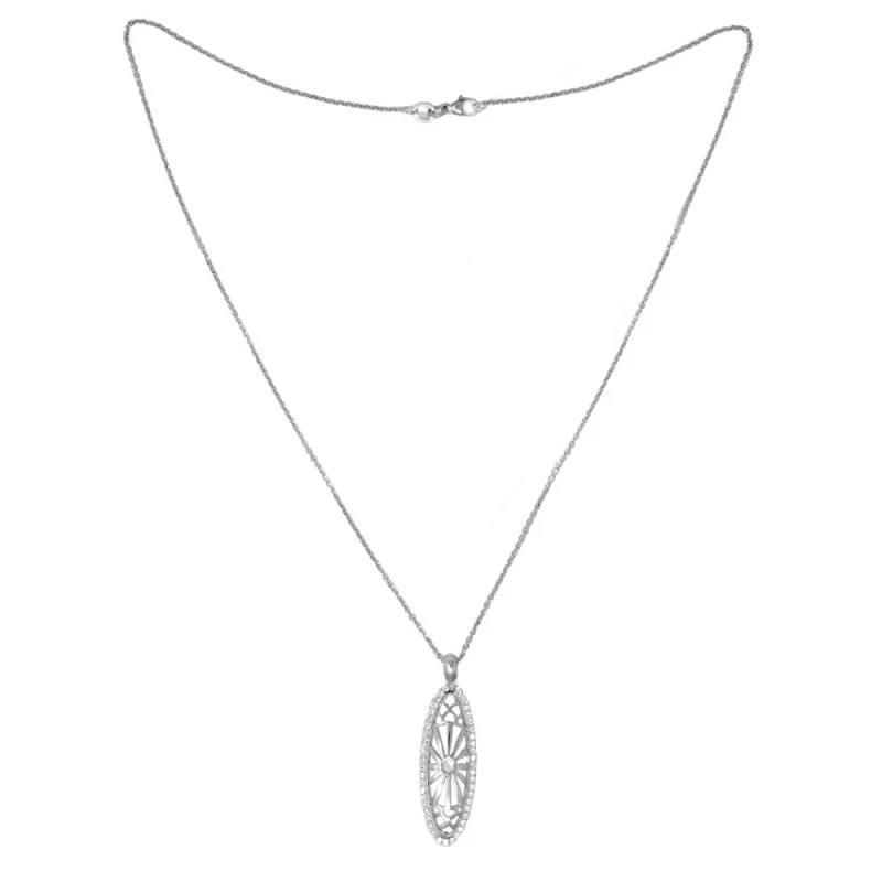 Collar Oro Blanco 18k mujer colgante ovalado calado circonitas 31 mm.