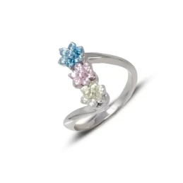 Sortija Oro Blanco 18k mujer cabeza tres flores turmalina 17 mm.