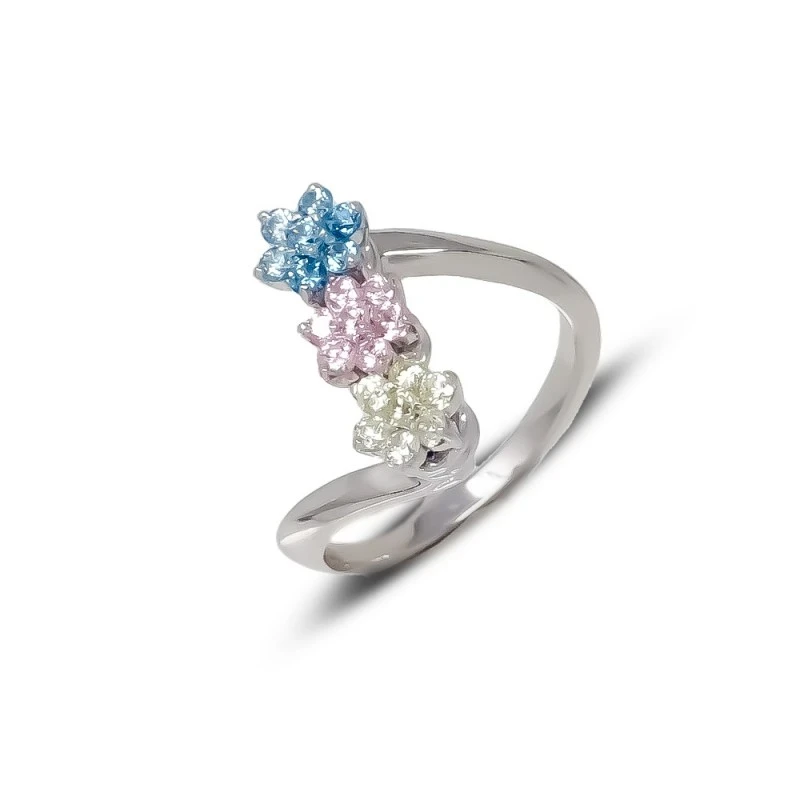 Sortija Oro Blanco 18k mujer cabeza tres flores turmalina 17 mm.