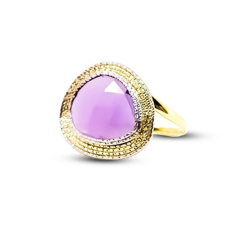 Sortija Oro Bicolor 18k mujer piedra amatista centro cambeza