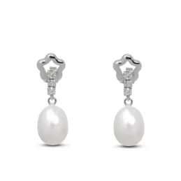 Pendientes Largos Oro Blanco 18k mujer 25 mm. perla forma pera 8 mm.