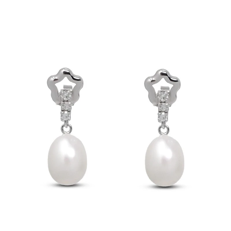 Pendientes Largos Oro Blanco 18k mujer 25 mm. perla forma pera 8 mm.