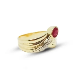 Sortija Oro 18k mujer rubí centro cabeza combinado circonitas lineas