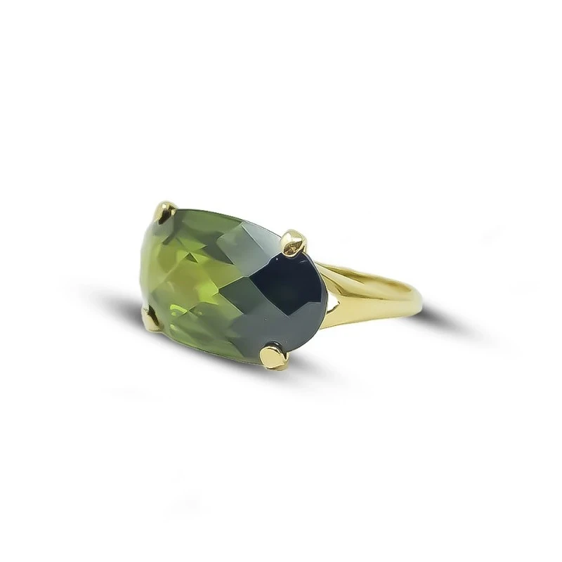 Sortija Oro 18k mujer cuarzo verde cabeza ovalado 24 x 12 mm.