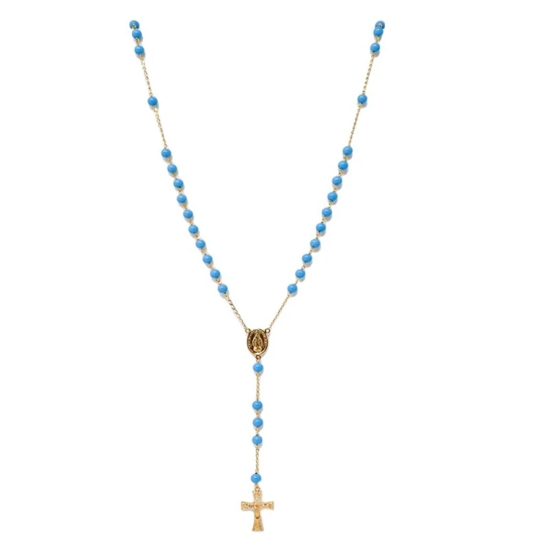 Rosario Virgen Milagrosa Oro 18k piedras turquesas 46 cm. medalla 14