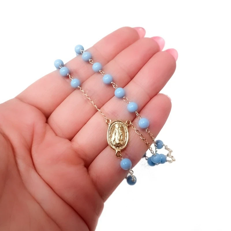Rosario Virgen Milagrosa Oro 18k piedras turquesas 46 cm. medalla 14