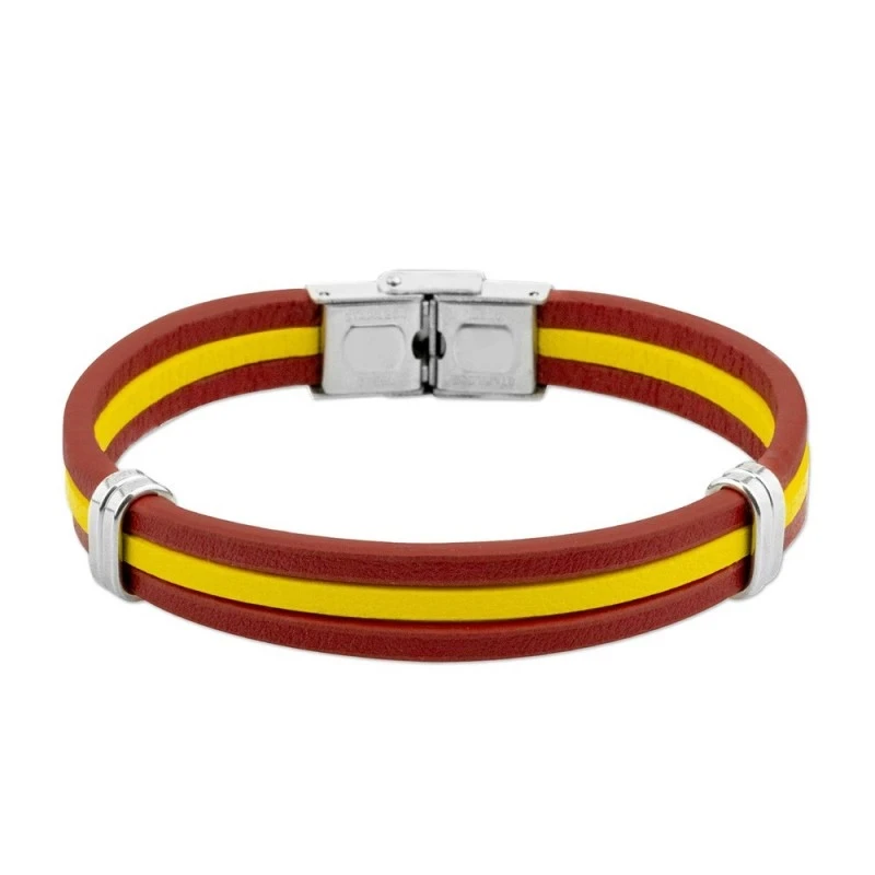 Pulsera Acero Inoxidable Cuero rojo y amarillo 21 cm. colección ALBER