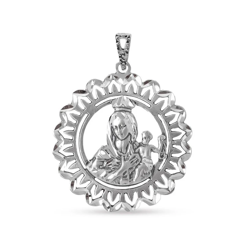 Virgen del Carmen Medalla Plata Ley 925m maciza 34 mm. cerco girasol