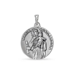 Virgen María Auxiliadora Medalla Plata Ley 925m maciza 24 mm. detalle