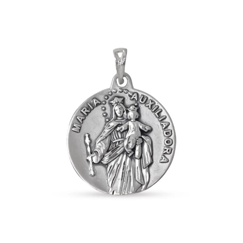 Virgen María Auxiliadora Medalla Plata Ley 925m maciza 24 mm. detalle