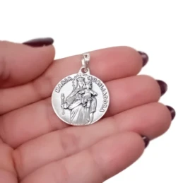 Virgen María Auxiliadora Medalla Plata Ley 925m maciza 24 mm. detalle