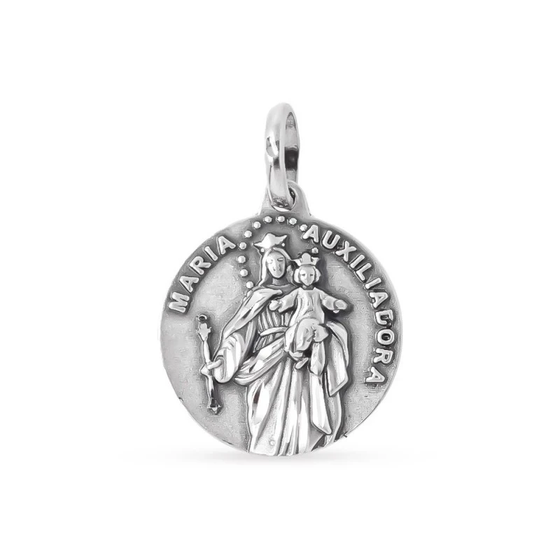 Virgen María Auxiliadora Medalla Plata Ley 925m maciza 17 mm. detalle