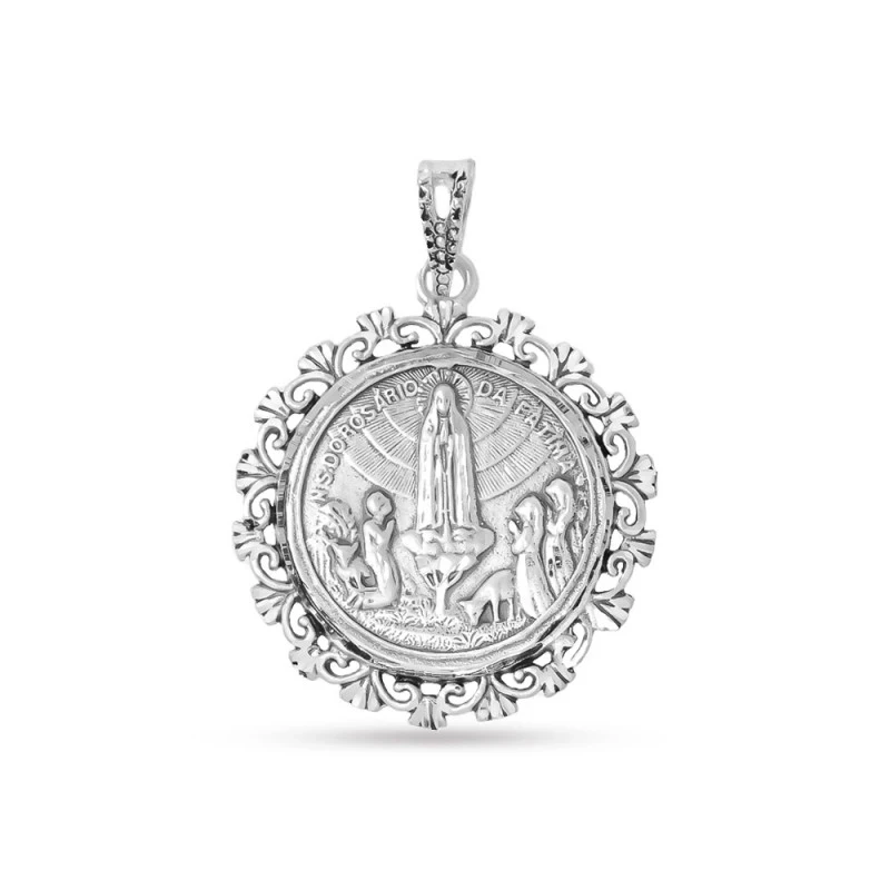 Virgen de Fátima Medalla Plata Ley 925m maciza 28 mm. cerco calado. G