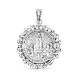 Virgen de Fátima Medalla Plata Ley 925m maciza 31 mm. cerco calado de