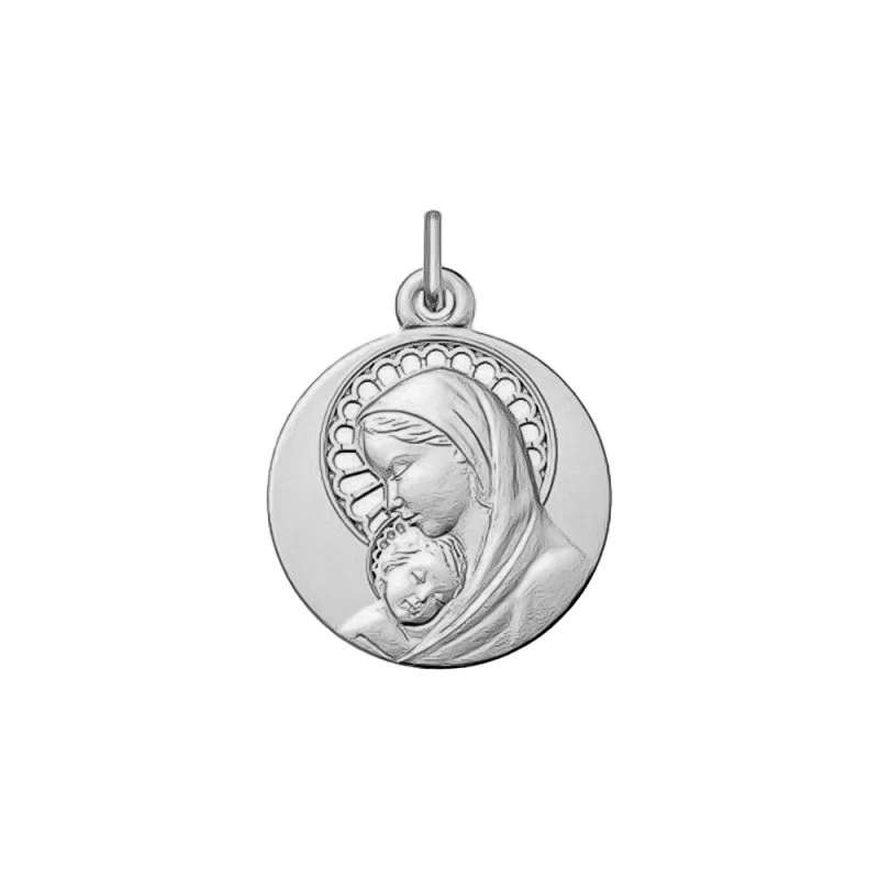 Virgen María Niño Medalla Plata Ley 925m calada 18 mm.