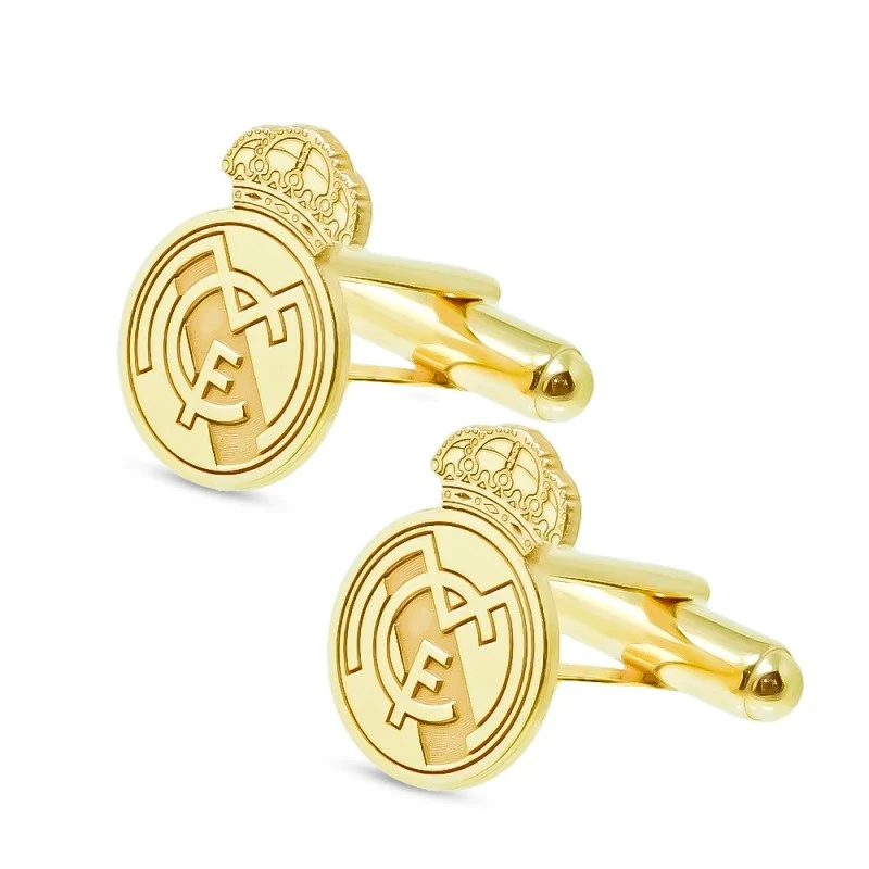 Real Madrid Gemelos Plata Ley 925m chapados oro 18 mm. escudo láser