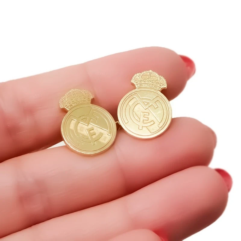Real Madrid Gemelos Plata Ley 925m chapados oro 18 mm. escudo láser