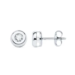 Pendientes Oro Blanco 18k chatón 6.5 mm. diamante centro 0.11ct.