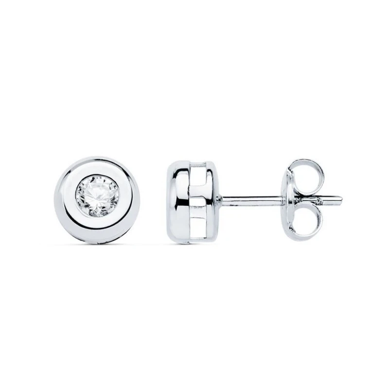 Pendientes Oro Blanco 18k chatón 6.5 mm. diamante centro 0.11ct.