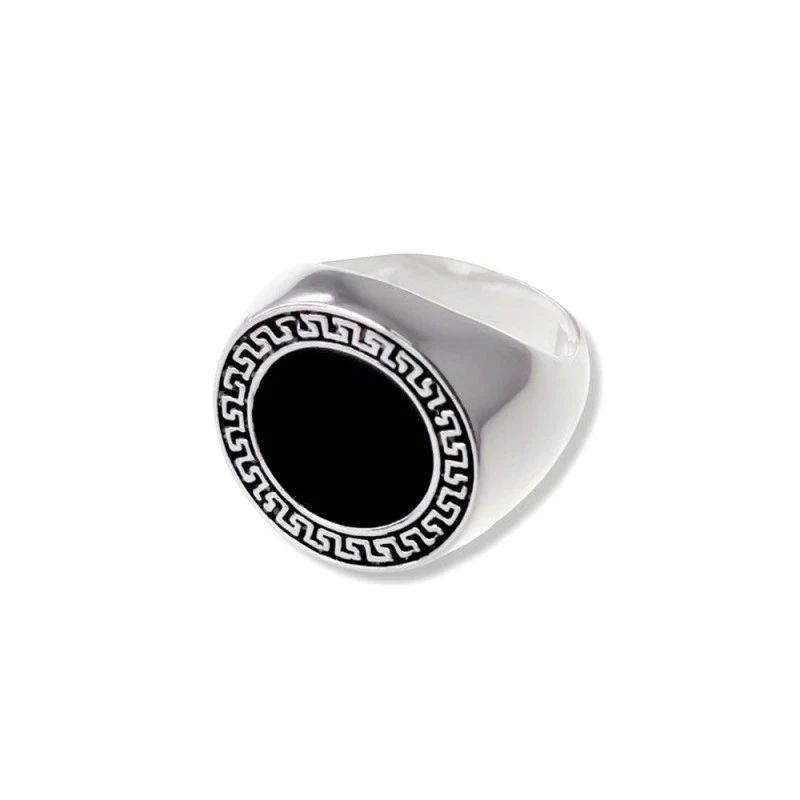 Sello Plata Ley 925m hombre esmaltado cabeza negro detalle greca anch
