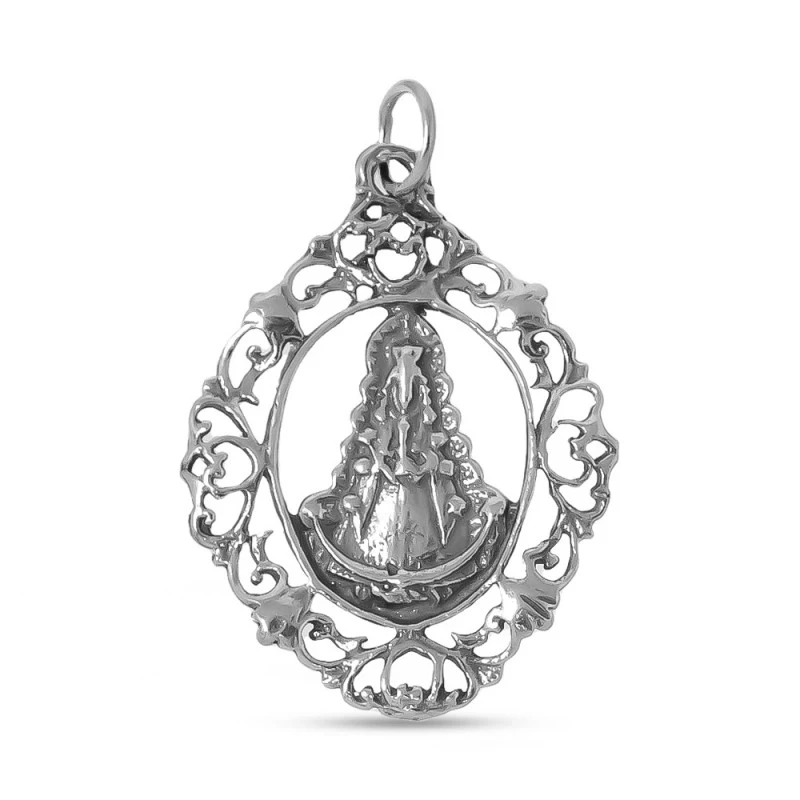 Virgen del Rocío Medalla Plata Ley 925 colgante 36 mm. oxidada detall