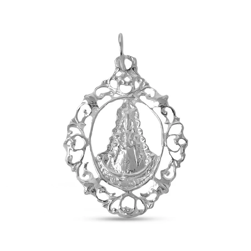 Virgen del Rocío Medalla Plata Ley 925 colgante 36 mm. detalles calad