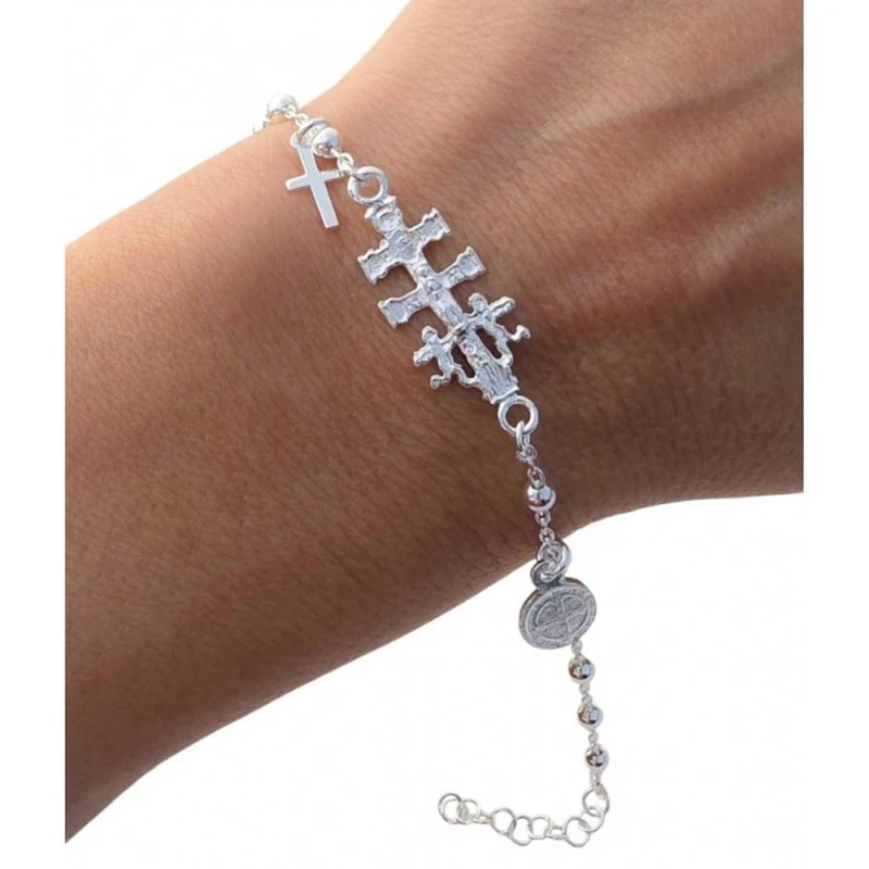 Pulsera Cruz de Caravaca Medalla San Benito Plata Ley 925m 17 cm. com