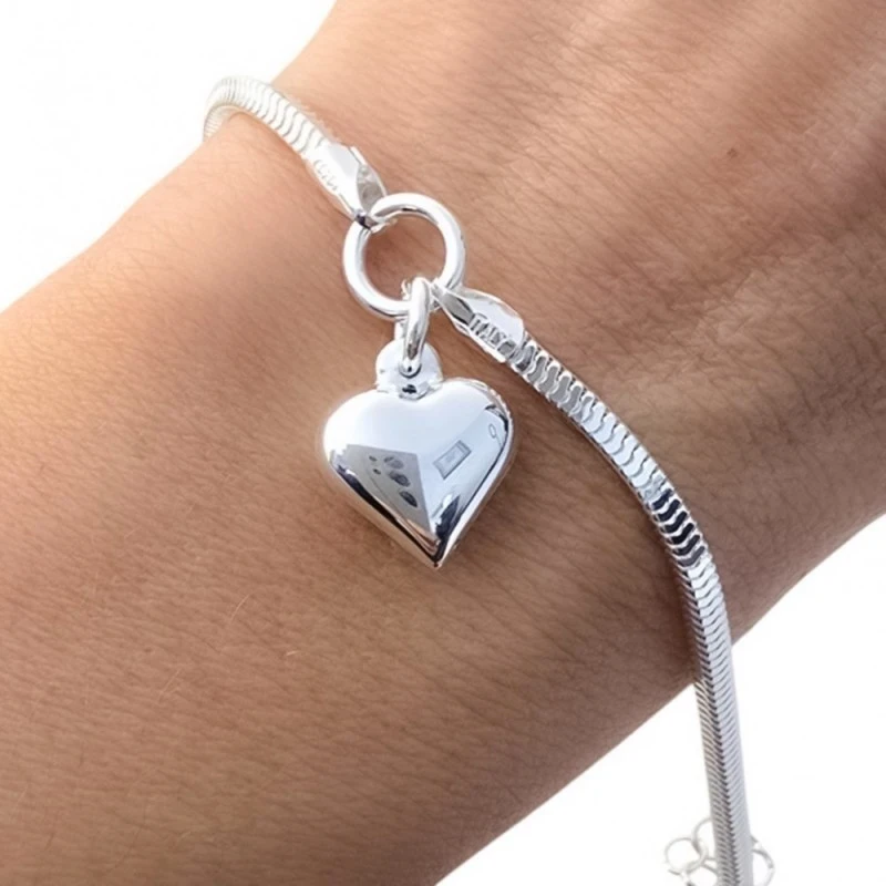 Pulsera Plata Ley 925m cadena topo 17 cm. lapidada ancho 2 mm. corazó