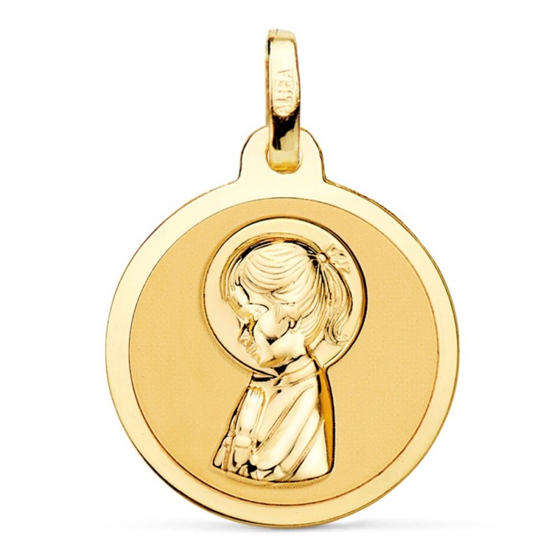 Medalla Oro 18k Virgen Niña 18mm Rezando Relieve Fondo Liso Redonda 