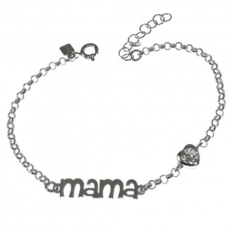 Pulsera plata Ley 925m cadena rolo 17cm. mensaje MAMÁ 25MM. motivo corazón 7mm. piedra circonita